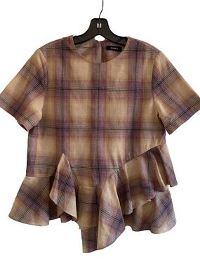 Goen. J Plaid Asymmetrical Peplum Ruffle Hem Short Sleeve Blouse Brown Purple